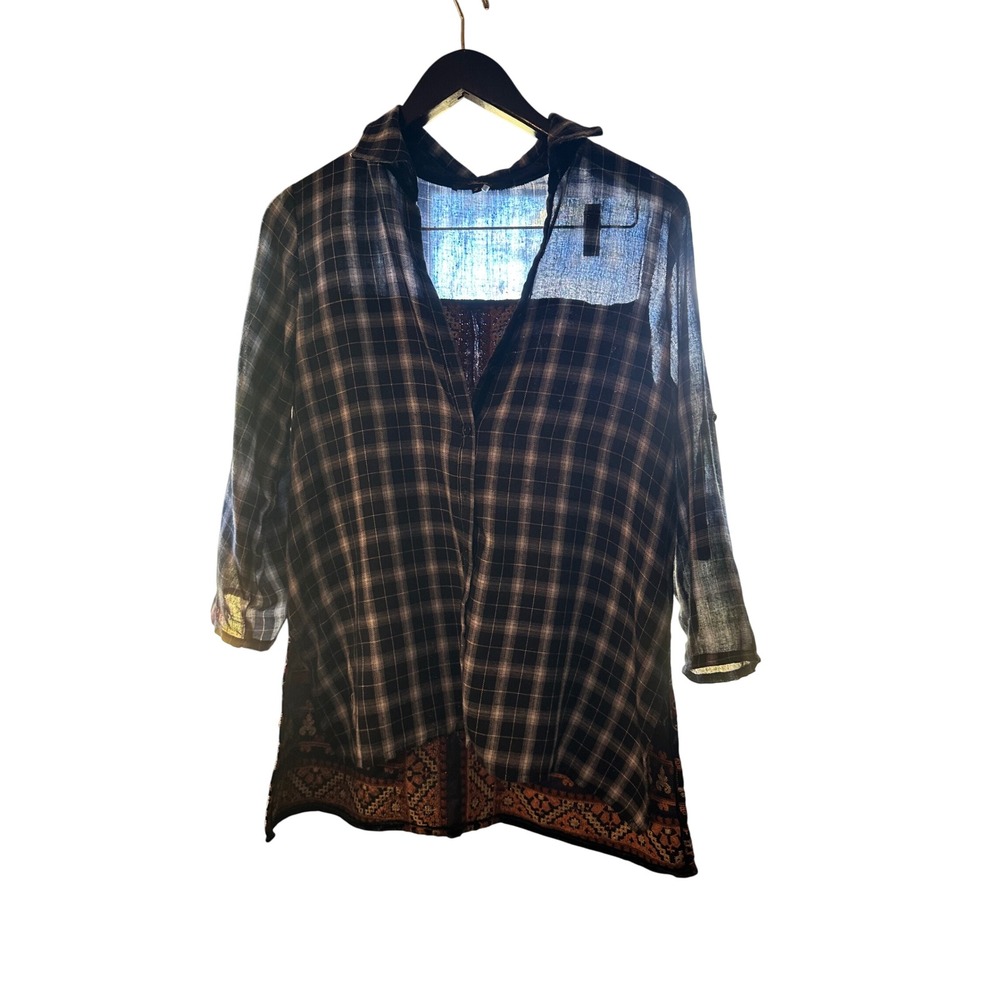 Andree by Unit Plaid Button Down Tunic Top Embroidery Bohemian Festival
